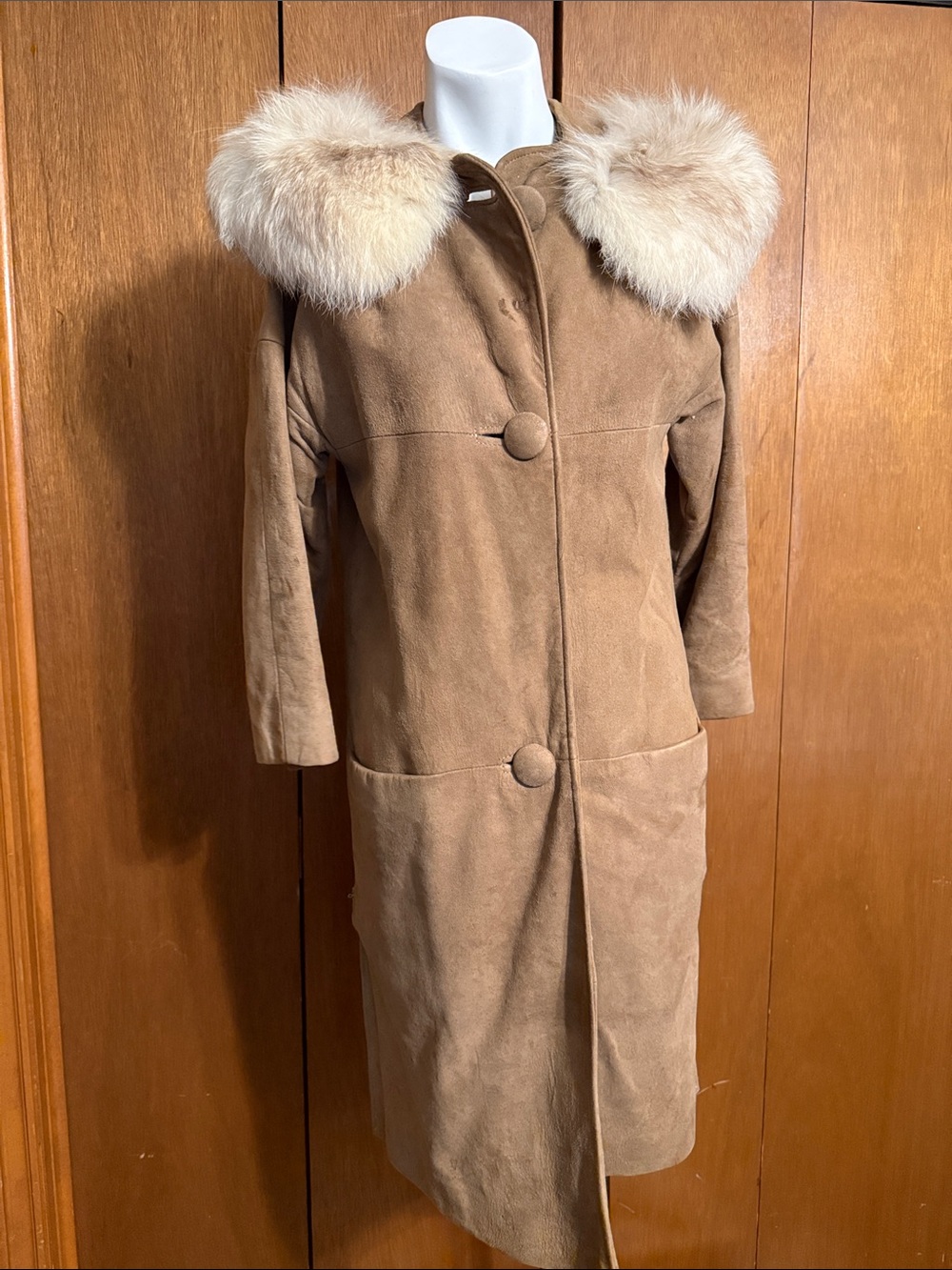 Vintage Camel Suede Long Coat with Fur Collar